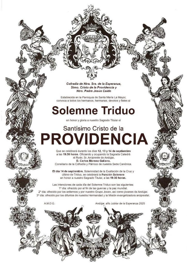 Cartel del Solemne Triduo en honor al Santísimo Cristo de la Providencia, organizado por la Cofradía de la Esperanza de Andújar en septiembre de 2025.
