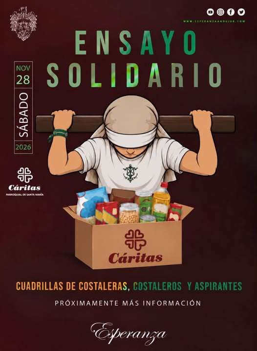 Cartel del Ensayo Solidario 2026 de la Hermandad de la Esperanza a favor de Cáritas, sábado 28 de noviembre