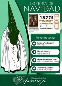 Cartel de los puntos de venta del número 18775 de la Lotería de Navidad de la Hermandad de la Esperanza de Andújar