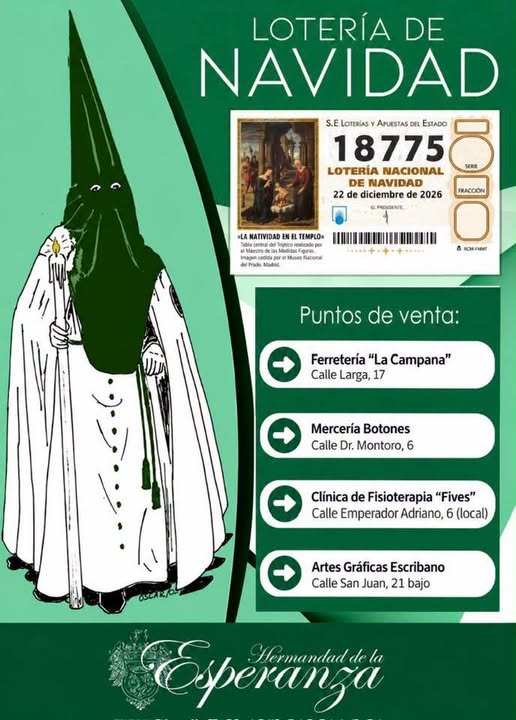 Cartel de los puntos de venta del número 18775 de la Lotería de Navidad de la Hermandad de la Esperanza de Andújar